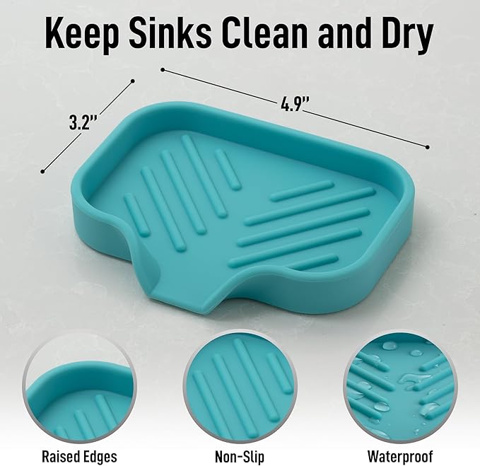 Zulay Kitchen Small Silicone Sponge Holder (4.9x3.3”) – Space-Saving Sink Organizer Tray for Sponge, Soap, Brush & More – Compact Non-Slip Dish for Kitchen & Bathroom (Aqua Sky)