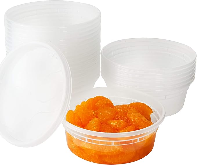 Deli-Grade BPA-Free 8oz Plastic Containers with Lids 24ct. Leakproof Microwavable Portion Container for To-Go Orders, Food Prep and Storage. Reusable Takeout Cups for Restaurant, Cafe and Catering.