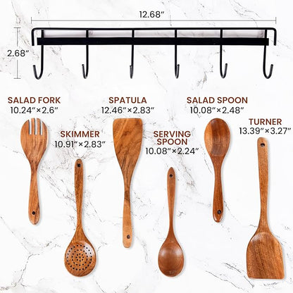 6x Wooden Spoons for Cooking Kitchen Utensil Set Smooth Finish Wooden Cooking Utensils Spoons Filter Spoon and Salad Fork Accessories+1x Kitchen Hooks for Hanging Utensils Rack