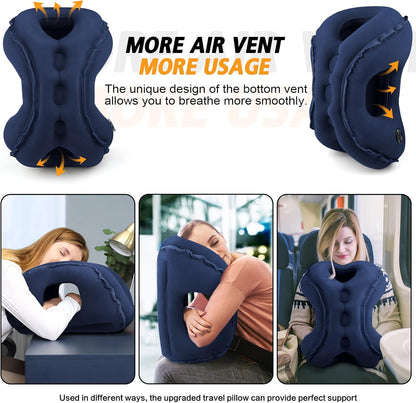 Inflatable Travel Pillow,Multifunction Travel Neck Pillow for Airplane to Avoid Neck and Shoulder Pain,Support Head,Neck,Used for Sleeping Rest, Airplane and Home Use,with Eye Mask, Earplugs,Blue