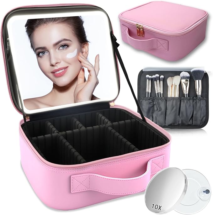 Makeup Bag with Led Mirror,Travel Makeup Organizer with 3 Color Setting & 10X Magnifying Mirror, Portable Storage and Adjustable Dividers Travel Makeup Bag-Light Pink