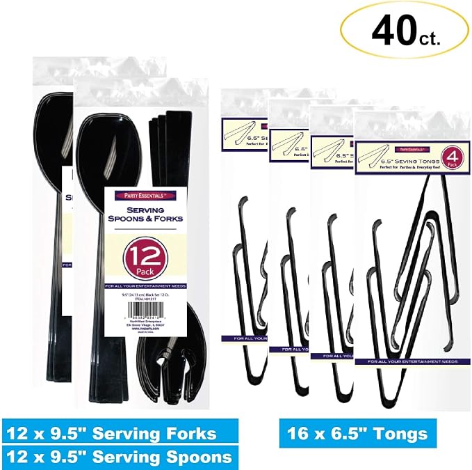 Party Essentials Plastic Party Buffet Serving Utensils Kit, Spoons/Forks/Tongs