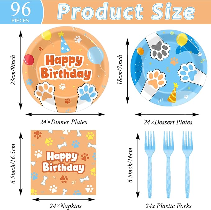 96Pcs Blue Dog Happy Birthday Party Supplies Cartoon Puppy Paper Plates and