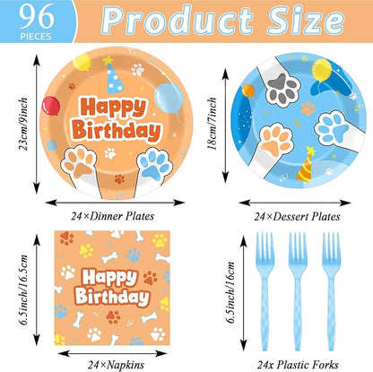 96Pcs Blue Dog Happy Birthday Party Supplies Cartoon Puppy Paper Plates and
