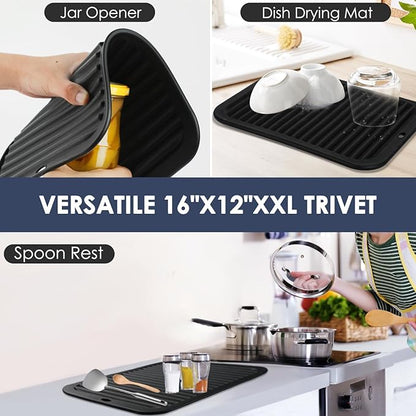 Black Silicone Trivet 16'' X 12'' Silicone Hot Pads for Kitchen Nonslip and Heat Resistant Hot Pads Trivets for Kitchen Quartz Countertops (Black)