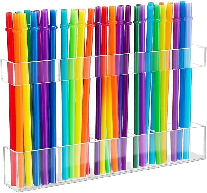 9.8” Acrylic Straw Holder with Double Sided Adhesive Tape Reusable Tumbler Straw Organizer Storage Container for Counter Cabinet Cupboard Kitchen( Large)