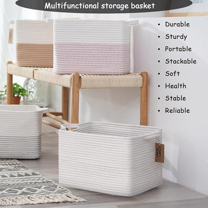 COMFY-HOMI 3PACK Cotton Rope Square Basket with Handles for Shelves|Dog Toy Basket Bin and Storage|Baby Basket for Gif|Shoe basket for Organizing|New13.5" x 11" x 9.5" for Living Room（All White）
