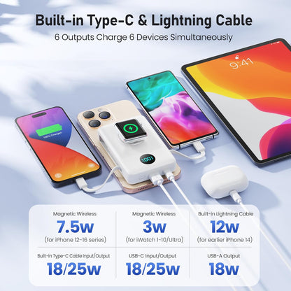 Magnetic Portable Charger for iPhone with Built-in Cables, 6-in-1 10800mAh Power Bank with iWatch Charger & LCD Display,25W Fast Charging Battery Pack for iPhone 16/15/14/13/12,Apple Watch (White)