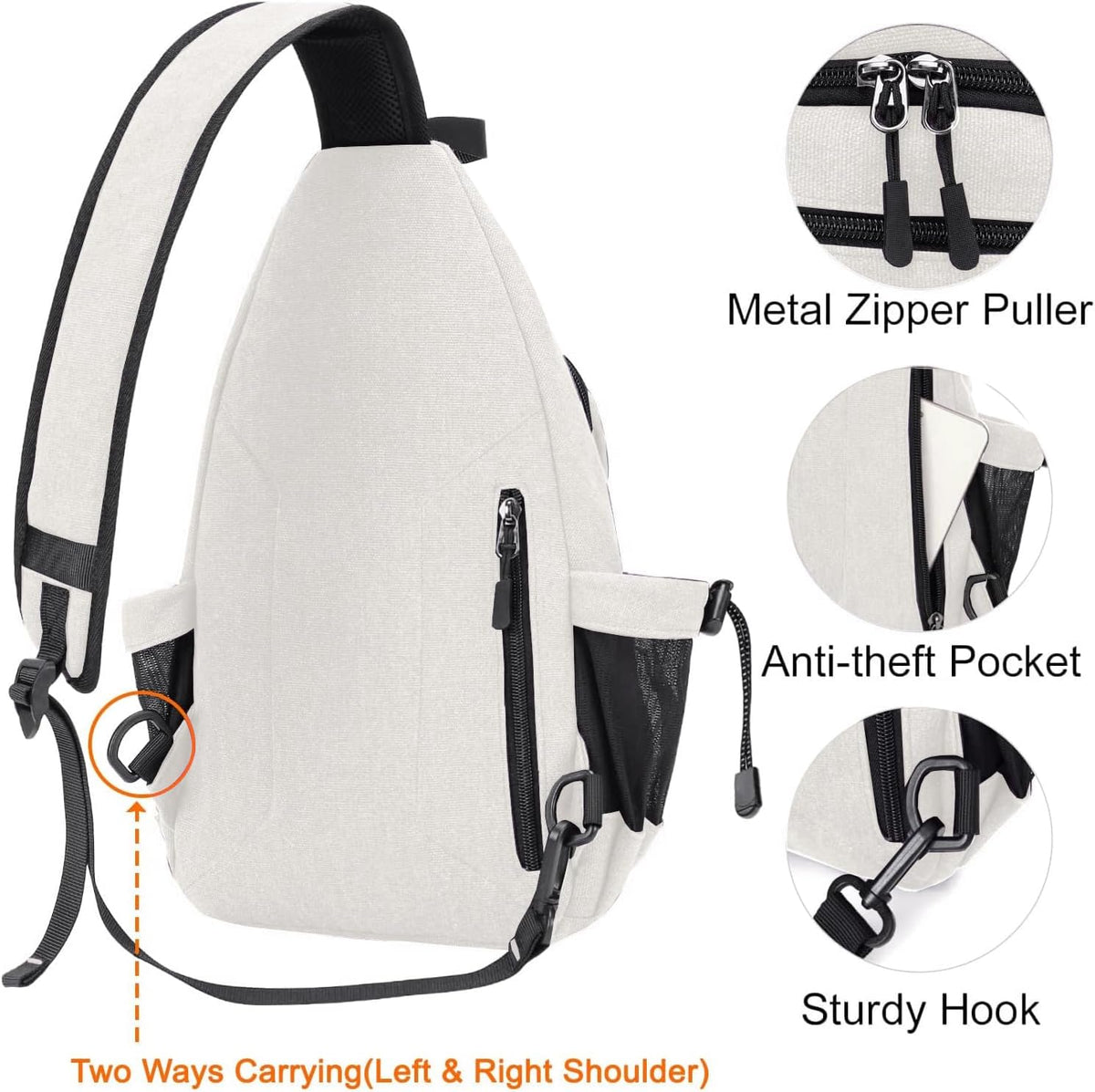 MOSISO Sling Backpack,Canvas Crossbody Hiking Daypack Bag with Anti-theft Pocket, Pearl White