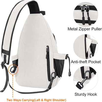 MOSISO Sling Backpack,Canvas Crossbody Hiking Daypack Bag with Anti-theft Pocket, Pearl White