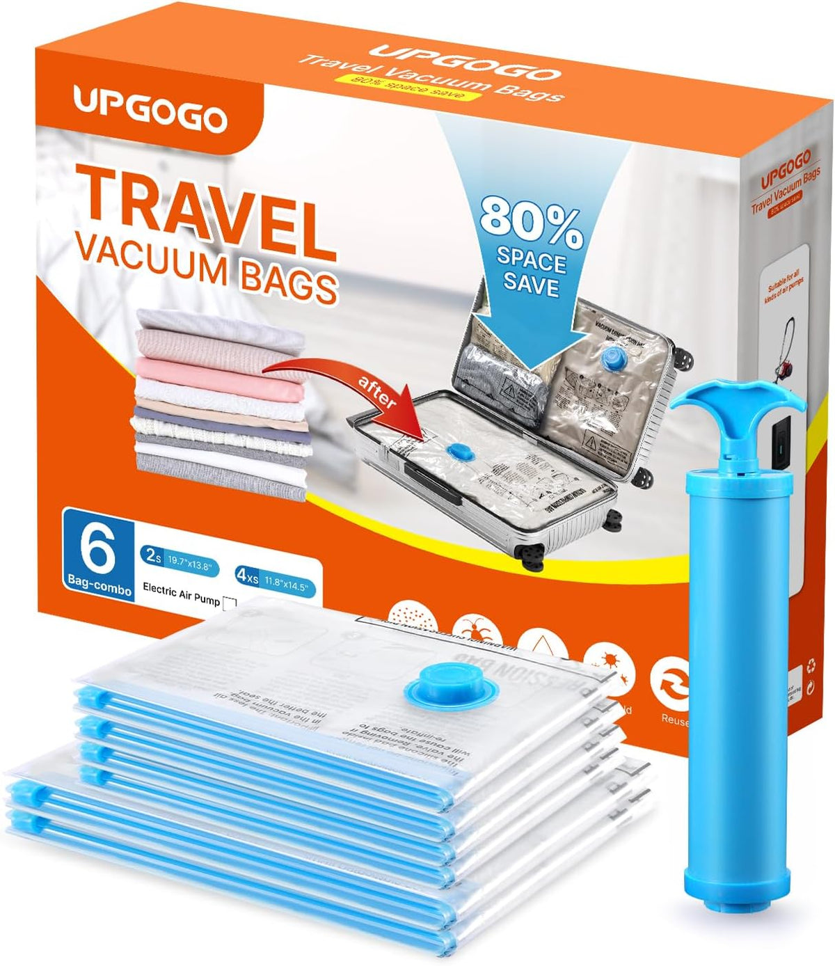 Vacuum Travel Bags Combo 6 Pack - Space Saver Vacuum Storage Bags for Clothing, Blankets, Pillows - Travel Essentials