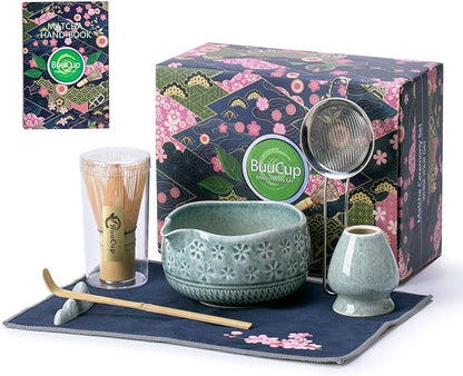 Matcha Whisk Set, Ceramic Matcha Kit Includes Matcha Bowl, Matcha Whisk and Holder, Bamboo Scoop, Scoop Rest, Sifter and Tea Towel - 7 Pcs Matcha Kit for Matcha Lovers (Blue)