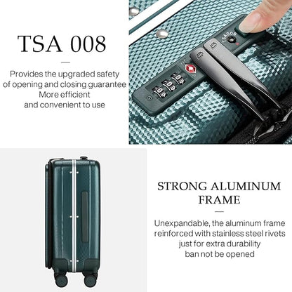 Hanke 20 Inch Carry On Luggage Aluminum Frame Front Opening Rolling Suitcase PC Hard Sided Luggage with Spinner Wheels Travel Luggage for Woman Men Gifts.(Dark Green)