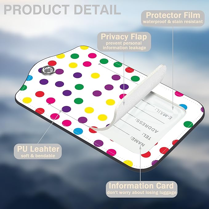 2 Pack Luggage Tags for Suitcases Colorful Polka Dots Leather Luggage Tags Privacy Cover ID Label with Stainless Steel Loop and Address Card for Women Men Travel Bag Backpack