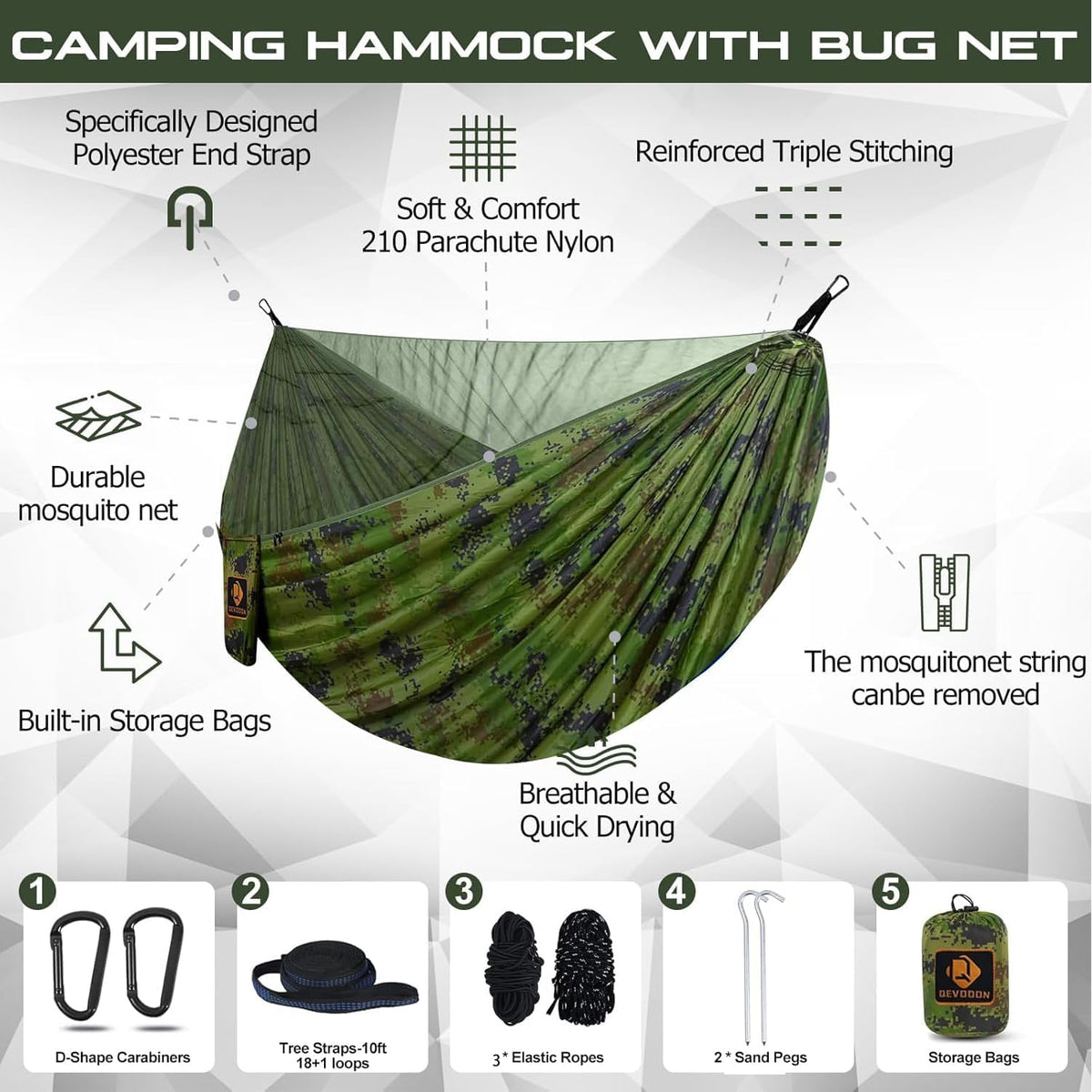 Camping Hammock, Portable Hammocks with Mosquito Net,Lightweight Nylon Parachute Hammock with 10ft Tree Straps,Camping Gear Must Haves for Travel,Hiking,Backpacking,Beach,Patio-Plaid Camouflage