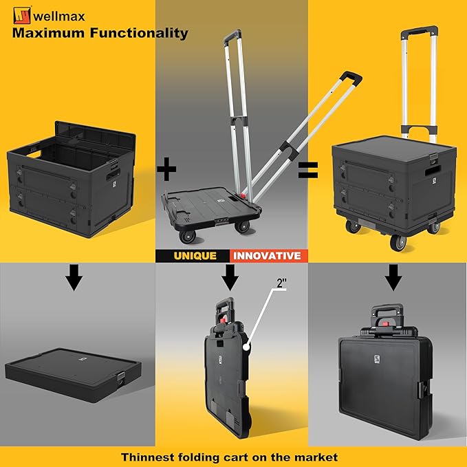 Wellmax WM99800BK Rolling Crate Cart with Wheels, Foldable Utility Cart for Teachers, Shopping, Office | Silent Wheels, Aluminum Handle, 132 lbs Capacity – Black