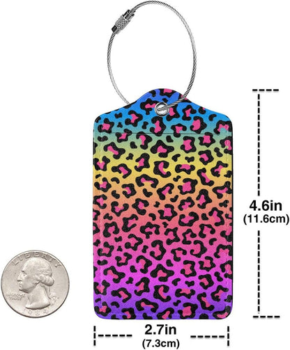 Rainbow Leopard Print 2 Pack Luggage Tags for suitcases Cute Color Leopard Luggage Tag, Leather Stainless Steel Loop Label Tag for Men Women Travel Bag Suitcase（Leopard）