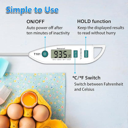 BOMATA Waterproof IPX7 Thermometer for Water, Liquid, Candle and Cooking. Instant Read Food Thermometer with Long Probe for Cooking, Meat, BBQ! T101 White