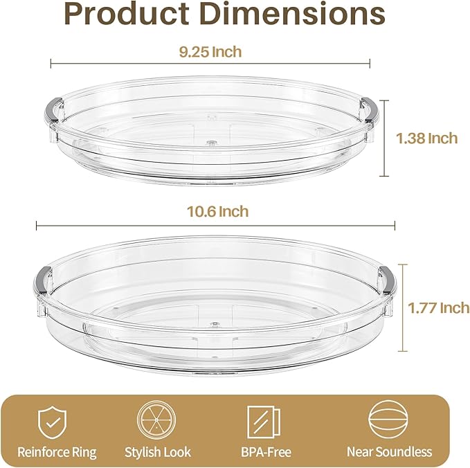 LAMU 2 Pack Clear Lazy Susan Turntable Organizer for Cabinet, 10.6'' 9.25'' Condiment Organizer for Refrigerator, Kitchen Pantry, Medicine Cabinet Organizer, Spices Rack Organization, Bathroom