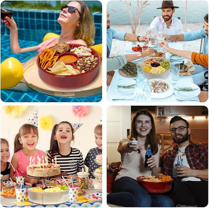 Snackle Box Container, Round Divided Serving Tray with lid 6parts for Veggie, Candy and Nuts Organizer for Travel, Party and Picnic (Cream/Silver)