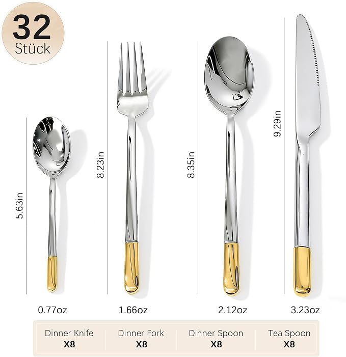 Silverware Set Service for 8, IKXO 32-Piece Modern Stainless Steel Flatware
