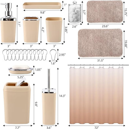 Bathroom Accessory Set–Bathroom Sets with Shower Curtain and Rugs, No Slip Bathroom Rugs Super Absorbent, Beige Ombre Water-proof Shower Curtain with Hooks, Pink Bathroom Sets Complete for Home
