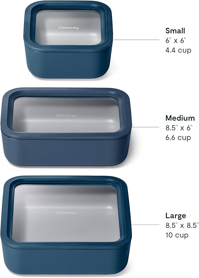 Caraway 3pc Glass Food Storage Set – 10 Cup, 6.6 Cup, & 4.4 Cup Food Containers - Ceramic Coated - Non Toxic Non Stick Lunch Box with Glass Lids - Dishwasher, Oven, & Microwave Safe - Navy