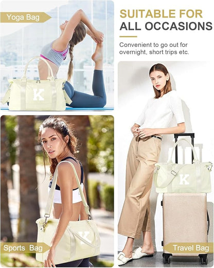 Initial Travel Duffel Bag Sports Gym Bag for Kids Teen Birthday Gifts,Beige Personalized Weekender Bag Carry On Dance Bags for Women Men,Waterproof Monogram Overnight Bag with Trolley Sleeve(Letter K)