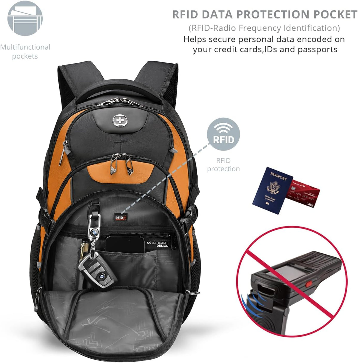 Swissdigital Design Laptop Backpack with USB Charging Port, TSA Travel Backpack Fits 15.6 inches Computer, 31L College School Backpack for Men, Orange/Black | SD803