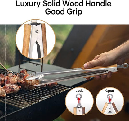 18-Inch Long Stainless Steel BBQ Tongs with Extended Luxurious Acacia Handle – Durable and Easy-to-Clean Grilling Tool for Cooking, Kitchen Use, and Outdoor Barbecues