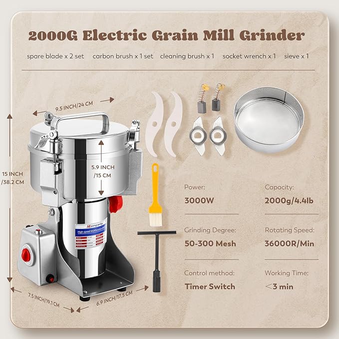 Moongiantgo 2000g Grain Mill Grinder Commercial Spice Grinder 3000W Stainless Steel Electric Pulverizer Dry Grinding Machine for Wheat Corn Rice Pepper Herbs Coffee Beans (2000g Swing, 110V)