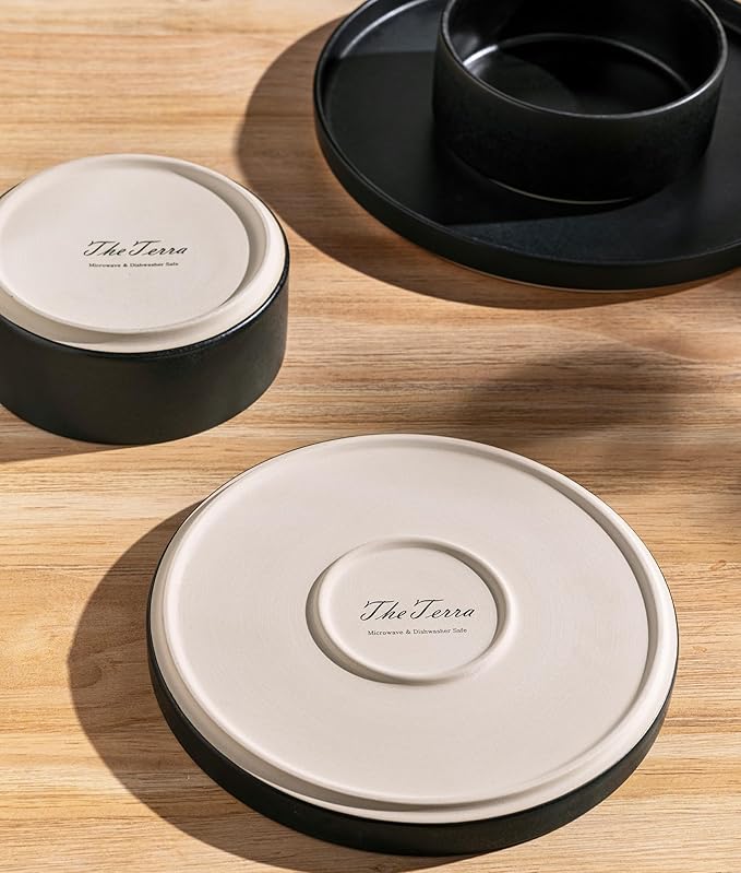 TheTerra Ceramic Dinnerware Sets for 6, 18 Pieces Handmade Reactive Glaze Plates and Bowls Set, Scratch Resistant Dish Set, Oven & Microwave & Dishwasher Safe, Matte Black