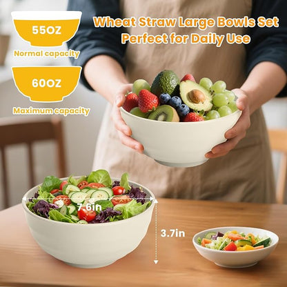 Homienly Unbreakable Large Salad Bowls Set of 6, 60oz Large Wheat Straw Bowls for Cereal, Salad & Pho, Ideal for RV & Camping, Microwave Safe Alternative to Plastic Bowls - Beige