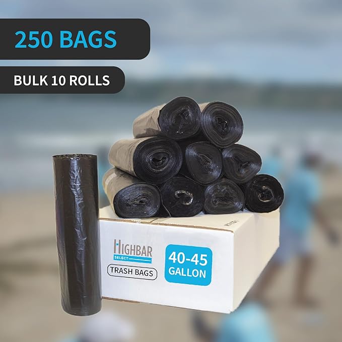 Black Garbage Bags, Made in USA, 40-45 Gallon, Light Duty, Durable, Unscented, High Density, Industrial and Commercial Use, for Lawn, Leaf, No Ears, No Ties, Bulk 250 Count