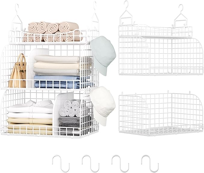 HapiRm Hanging Closet Organizer Storage - 3 Tier Metal Stackable Hanging Closet Shelves with Dividers and S Hooks, Foldable Clothes Shelves for Clothes, Pants, Shoes, Coat, Hats Clutches Accessories