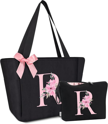 Vavabox Tote Bag, A-Z Initial Monogrammed Waterproof Tote Bag, Bridesmaid Gifts for Women, Black and Pink