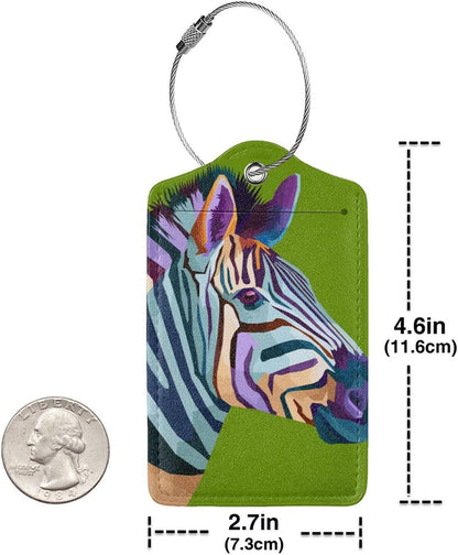 2pcs Zebra Luggage Tag for Suitcases Baggage, Colorful Airport Cruise Leahter Luggage Tag on Green Background and Full Back Privacy Cover for Travel Sports Teens Kids
