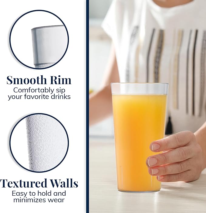 US Acrylic Café Plastic Reusable Tumblers (Set of 12) 32-ounce Iced-Tea Cups Clear | Value Set of Restaurant Style Drinking Glasses, Stackable, BPA-free, Made in the USA | Top-rack Dishwasher Safe