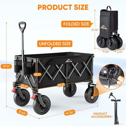 Beach Wagon with 9x3 Big Rubber Wheels for Sand, 350lbs Heavy Duty 200L Collapsible Utility Wagon, Easy Transport & Storage, Ideal for Sport, Camping, All-Terrain Outdoor Activities, Black