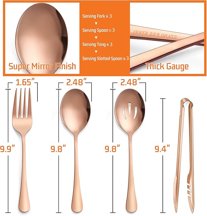 E-far Stainless Steel Serving Utensils Set of 12, 9.8 Inch Slotted Spoon, 9.9 Inch Forks, 9.4 Inch Tong for Buffet Catering, Mirror Finish & Dishwasher Safe