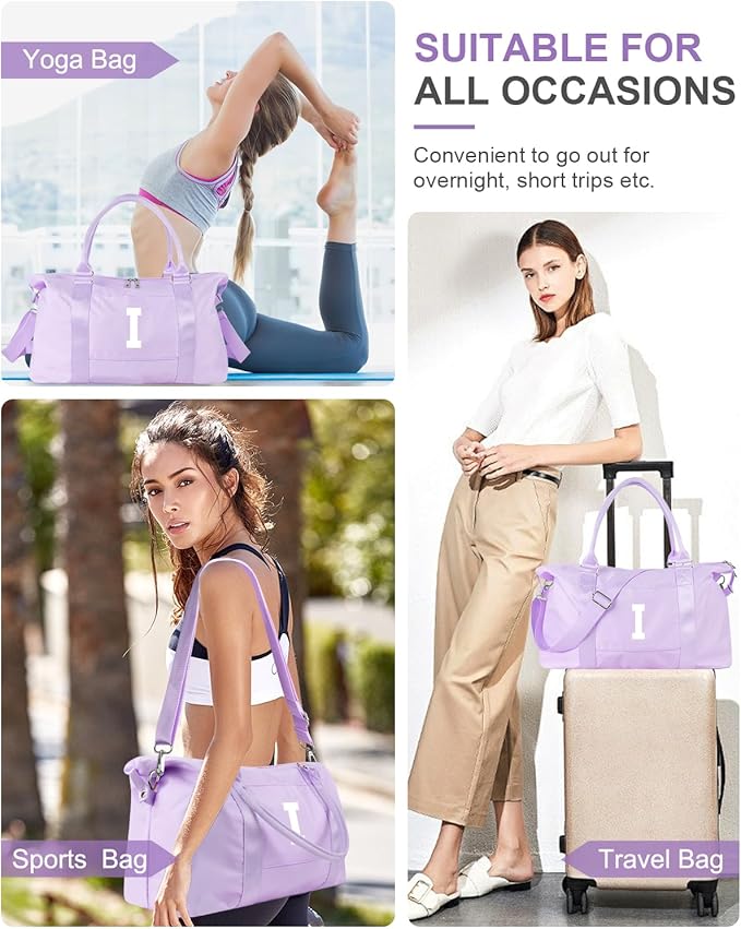 Daughter Niece Gifts for Teen Girl Kids, Initial Travel Duffel Bag Sports Gym Bag Personalized Gifts Weekender Bag，Monogram Overnight Bag Cute Dance Bag Birthday Bridesmaid Gifts for Women(Purple, I)