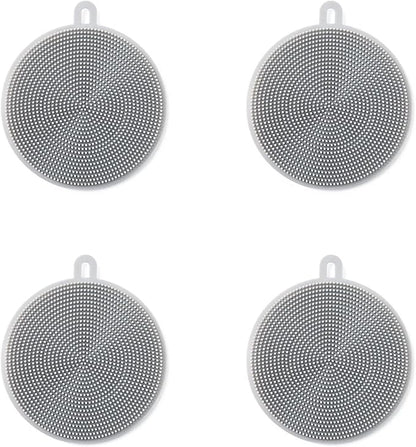 4PCS Silicone Dish Scrubber, Multipurpose Round Silicone Sponges Reusable Dish Brush Dish Brush for Kitchen Dish Dishes Fruits Vegetables(Gray)