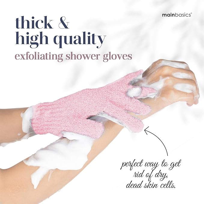 MainBasics Deep Cleansing Exfoliating Bath Gloves - Heavy-Textured Nylon Shower Scrub for Dead Skin Removal - Machine Washable with Hanging Loop (1 Pair, Soft Pink)