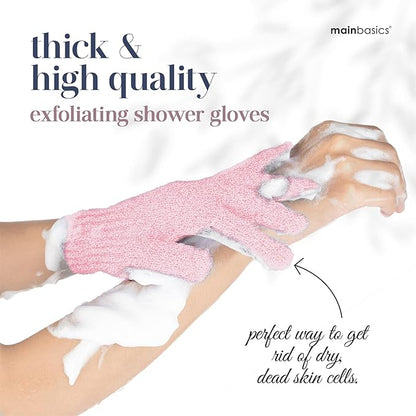 MainBasics Deep Cleansing Exfoliating Bath Gloves - Heavy-Textured Nylon Shower Scrub for Dead Skin Removal - Machine Washable with Hanging Loop (1 Pair, Soft Pink)
