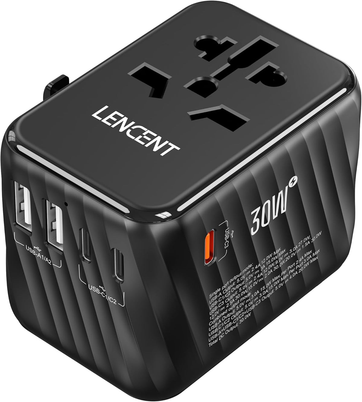 LENCENT Universal Travel Power Adapter, 30W International Wall Charger with 3 USB C 2 USB A Fast Charging, Worldwide Plug Adaptor Travel Essentials for US to EU UK Ireland Australia Type C/G/A/I Black