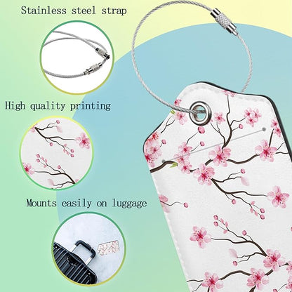Luggage Tags for Suitcase,2 Pack Japanese Cherry Blossom Tree Luggage Tag PU Leather Privacy Cover ID Label with Stainless Steel Loop for Women Men Teens Travel