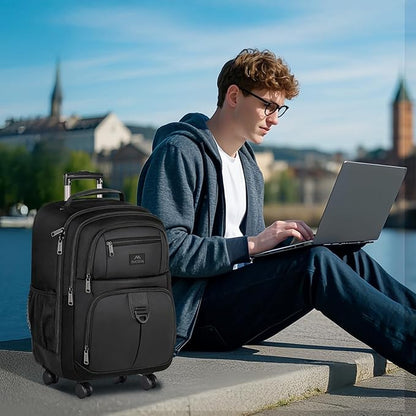 MATEIN Rolling Backpack with 4 Wheels, 17 inch Roller Travel Laptop Backpack for Women Men, Large Water Resistant Business Wheeled Bag, Airline Approved Carry on Luggage Suitcase Bag, Black
