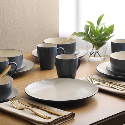 Gibson Elite Oxford Blue Plates and Bowls Sets, 16 Piece Stoneware Dinnerware