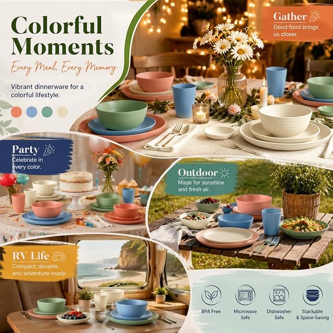 40PCS Dishes Set, Kids Plates and Bowls Set, Unbreakable Dinnerware Set | Wheat
