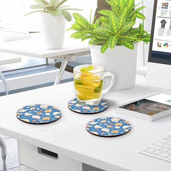 Seashells Different Shapes and Starfish Aesthetic Coaster 4 Pcs Corkboard